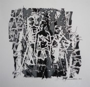 Composition aux trois personnages        Acrylique sur monotype   18 X 18   2010