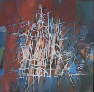 Composition à la femme assise en tailleur huile sur toile 50 x 50